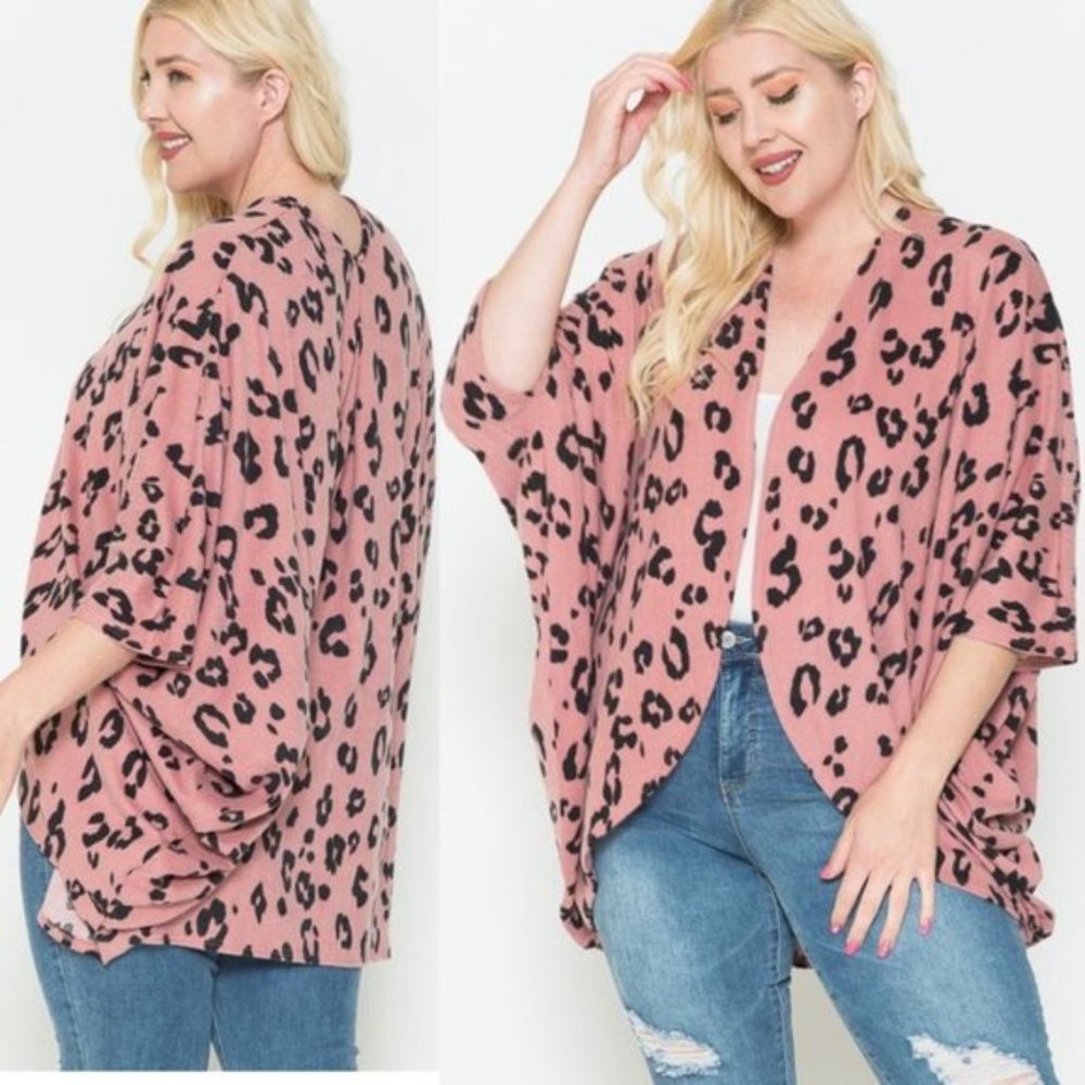 Pink Leopard Print open front Kimono Cardigan
